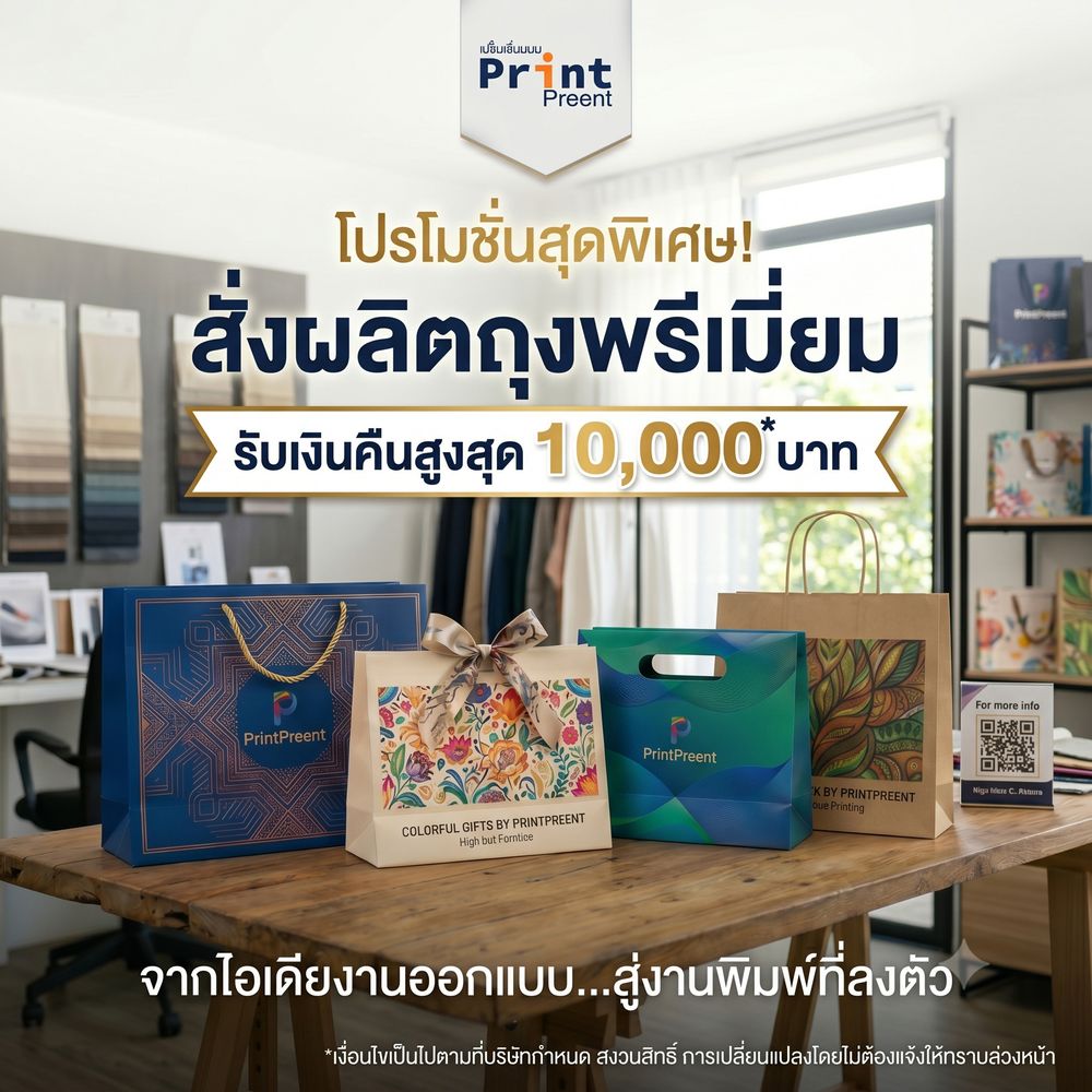 โปรโมชั่นสั่งผลิตถุงพรีเมี่ยมกับ PrintPreent รับเงินคืนสูงสุด 10,000 บาท