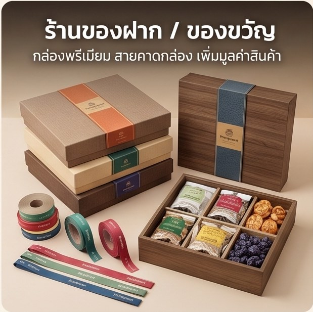 บรรจุภัณฑ์ร้านของฝาก ของขวัญ - กล่องพรีเมียม สายคาดกล่อง